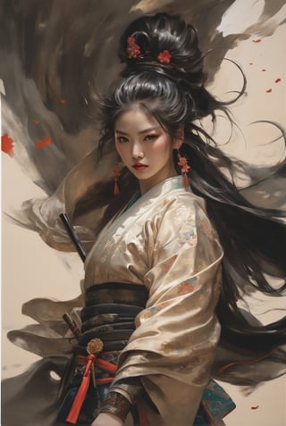 In the image, we see a young Asian woman in an elaborate traditional outfit, exuding a fierce and intense expression. She wears a beautifully detailed kimono with floral patterns, her hair intricately styled with a high bun and adorned with red accents. She holds a sword with a sense of determination and strength, as her long, flowing hair and the intricate details of her attire create a dynamic and powerful visual effect. The background features a large, stylized depiction of her face, emphasizing her strong presence and the dramatic atmosphere of the scene, Official Art, Unity 8k Wallpapers, Ultra Detailed, Beautiful and Aesthetic, Masterpiece, Best Quality, (zen controversial, mandala, controversial, en controversial), (fractal art:1.3), 1girl, very detailed, dynamic angles, cowboy shot, the most beautiful form of chaos, elegance, barbarian design, bright colors, romanticism, by James Jean, Robbie Devi Antonio, Ross Chen, French Bacon, Michael Mu Raz, Adrian Genius, Petra Corright, Gerhard Richter, Takato Yamamoto, Ashley Wood, atmosphere, ecstasy of notes, flowing notes clearly visible

Chinese style, asian woman, wave, top quality, mystery, oil painting, crazy details, complex composition, strong colors, science fiction, transparency, dynamic lighting
Ink style, grayscale, pastels, mysterious atmosphere, delicate brushstrokes, frontal composition, wind and clouds,
Dynamic shots of flowing ink: Photorealistic masterpieces in 8k resolution: Aaron Hawkey and Jeremy Mann: Intricate fluid gouaches: Jean Bart tiste monger: Calligraphy: Cene: Colorful watercolor art, professional photography, volumetric light maximization photography: by marton bobzert: complexity, refinement, elegance, vastness, fantasy, dark composites, octane rendering, DonMASKTexXL, painted world in 8k resolution concept art, Fantasy Art, Oil Painting, Kabuki, Impressionist PaintingJapanese style, white cat, wave, top quality, mystery, oil painting, crazy details, complex composition, strong colors, science fiction, transparency, dynamic lighting
Ink style, grayscale, pastels, mysterious atmosphere, delicate brushstrokes, frontal composition, wind and clouds,
Dynamic shots of flowing ink: Photorealistic masterpieces in 8k resolution: Aaron Hawkey and Jeremy Mann: Intricate fluid gouaches: Jean Bart tiste monger: Calligraphy: Cene: Colorful watercolor art, professional photography, volumetric light maximization photography: by marton bobzert: complexity, refinement, elegance, vastness, fantasy, dark composites, octane rendering, DonMASKTexXL, painted world in 8k resolution concept art, Fantasy Art, Oil Painting, Kabuki, Impressionist Painting