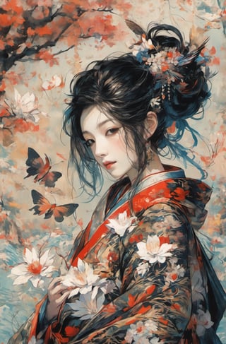 A stunning portrait of a young woman in traditional Japanese attire, surrounded by a serene and vibrant natural setting. She wears an exquisitely detailed kimono adorned with floral patterns in shades of red, gold, and green. Her dark hair is intricately styled and decorated with delicate hairpins featuring flowers and feathers, complementing her elegant look. The background showcases a harmonious blend of autumn leaves and blooming flowers, creating a magical atmosphere. Butterflies flutter around her, adding a touch of whimsy and enchantment to the scene. Her expression is serene, with a hint of melancholy in her eyes, evoking a sense of timeless beauty and grace, Movie Poster, oni style