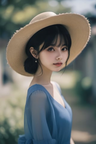 aesthetic portrait, hat, solo, black hair, blurry background, black eyes, lips, blue dress, depth_of_field, straw hat, 1girl, upper body, dress, looking at viewer