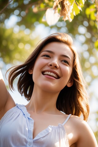 Masterpiece, top quality, high definition, artistic composition, 1 girl, upper body, composition from below, smiling, cotton shirt, looking at me, blue sky, sunlight through trees, casual, portrait, warm, reaching out