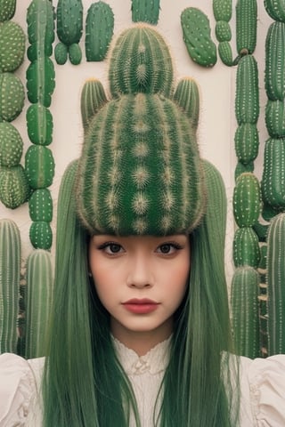 The portrait shows a woman wearing a green dress adorned with cactus-shaped patterns. She is surrounded by a collection of various cacti, some of which have bloomed with flowers. One cactus in particular has grown in the shape of her face, creating a humorous visual pun. The woman is in the center of the portrait, with her cactus collection surrounding her. The face-shaped cactus is placed next to her head, creating a visual connection between the two. The variety of cacti shapes and sizes creates a visually interesting scene, while the color palette of greens and earth tones ties everything together.