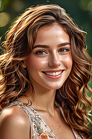 (best quality,4k,8k,highres,masterpiece:1.2),ultra-detailed,(realistic,photorealistic,photo-realistic:1.37),beautiful smile,smiling face,detailed eyes,detailed lips,delicate nose,freckles,soft skin,brown wavy hair,elegant posture,feminine charm,graceful dress,fine details,gorgeous background,vibrant colors,subtle lighting,portraits