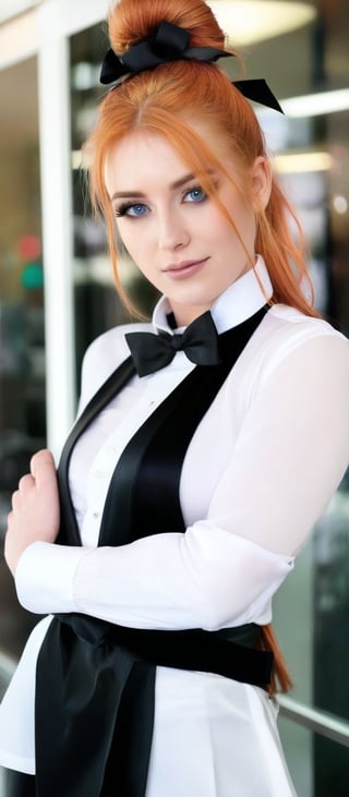 Generate hyper realistic image of a woman with long, flowing orange hair tied up in a high ponytail with a black ribbon. She has a youthful face with 
expressive blue eyes and a confident smile. Her makeup is subtle, highlighting her natural features. She is wearing a form-fitting black sleeveless top with a high collar and a white detail at the chest, resembling a tuxedo front. The top has a buttoned design that accentuates her figure and a short, pink pleated skirt that contrasts with her black top. She is wearing black stockings that emphasize her long legs and black high-heeled shoes. 