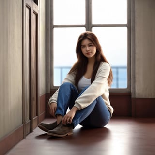 best quality:1.2,8K,photo,photorealistic,extreme details,lora:girl_07:0.6,a girl sat in the middle of an empty and dim room,looking at viewer,