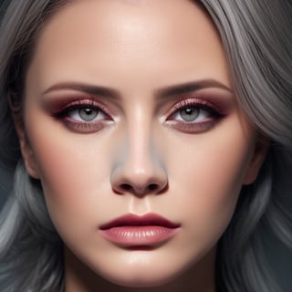 macro lips, photo of a woman, 30 years old, close up of her face, She is looking at the camera with a confident and shiny lips seductive expression, her lips slightly parted (light gray eyes:1.2), platinum blonde hair,