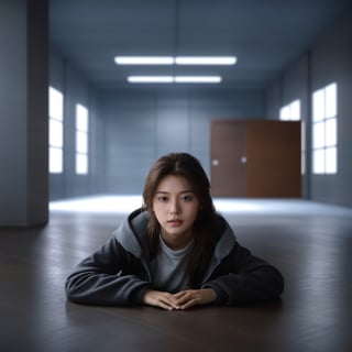 best quality:1.2,8K,photo,photorealistic,extreme details,lora:girl_07:0.6,a girl sat in the middle of an empty and dim room,looking at viewer,