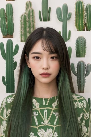 The portrait shows a woman wearing a green dress adorned with cactus-shaped patterns. She is surrounded by a collection of various cacti, some of which have bloomed with flowers. One cactus in particular has grown in the shape of her face, creating a humorous visual pun. The woman is in the center of the portrait, with her cactus collection surrounding her. The face-shaped cactus is placed next to her head, creating a visual connection between the two. The variety of cacti shapes and sizes creates a visually interesting scene, while the color palette of greens and earth tones ties everything together.