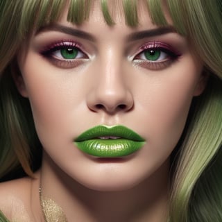 Macro lips, photo of a woman, close up of her face, She is looking at the camera with confident and shiny lips( green lips: 1.2) seductive expression, her lips slightly parted, platinum blonde hair,