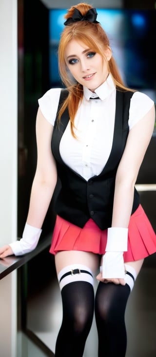 Generate hyper realistic image of a woman with long, flowing orange hair tied up in a high ponytail with a black ribbon. She has a youthful face with 
expressive blue eyes and a confident smile. Her makeup is subtle, highlighting her natural features. She is wearing a form-fitting black sleeveless top with a high collar and a white detail at the chest, resembling a tuxedo front. The top has a buttoned design that accentuates her figure and a short, pink pleated skirt that contrasts with her black top. She is wearing black stockings that emphasize her long legs and black high-heeled shoes. 