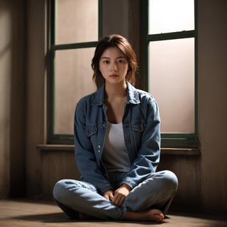 best quality:1.2,8K,photo,photorealistic,extreme details,lora:girl_07:0.6,a girl sat in the middle of an empty and dim room,looking at viewer,m1lfm3t3r