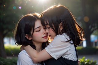 (Magical Digital Artwork:1.3) of (Visual novel:1.3),(Romantic:1.3) a mother hug daughter, closed eyes, mid-shot, (bokeh:1.3), (light particles:1.3), (haze:1.2), (depth of field:1.3), (lens flare:1),(by Artist Kadir Nelson:1.3),CGSociety,ArtStation,(Provia:1.3)