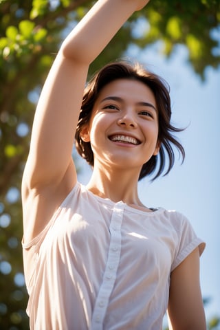 Masterpiece, top quality, high definition, artistic composition, 1 girl, upper body, composition from below, smiling, cotton shirt, looking at me, blue sky, sunlight through trees, casual, portrait, warm, reaching out