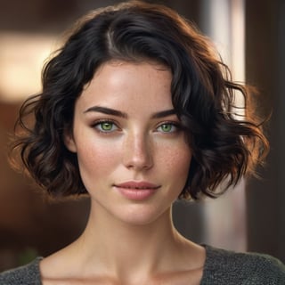 Generate hyper realistic image of a photorealistic portrait of a woman with short black wavy hair, a subtle smile, and freckles. Her green eyes should catch the soft natural light, emphasizing the simplicity of her makeup.