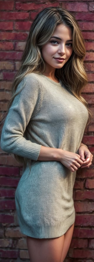 Create an ultra-realistic image of a woman with flowing blond hair, standing in front of a weathered brick wall. She's dressed in a orange sweater, which she lifts slightly, showcasing a hint of blush on her tanned skin. With a gentle smile, she looks directly at the viewer, her long hair cascading down. The scene radiates simplicity and genuine beauty, highlighting the natural elegance of the moment. Her hands and fingers are impeccably depicted, with a focus on their short, perfect form. The image should be photorealistic.