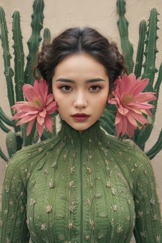 The portrait shows a woman wearing a green dress adorned with cactus-shaped patterns. She is surrounded by a collection of various cacti, some of which have bloomed with flowers. One cactus in particular has grown in the shape of her face, creating a humorous visual pun. The woman is in the center of the portrait, with her cactus collection surrounding her. The face-shaped cactus is placed next to her head, creating a visual connection between the two. The variety of cacti shapes and sizes creates a visually interesting scene, while the color palette of greens and earth tones ties everything together.