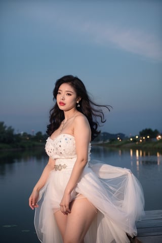 ((4k,masterpiece,best quality)), professional camera, 8k photos, wallpaper,luokeke, 1girl, solo, long hair, black hair, (dress:1.3), bareshoulders, jewelry, eyes, earrings, outdoors, sky, sparkle_water, necklace, dress, lips, sparkle, night, floating hair, wind, red lips, Seaside, sea, blue water, glowing water, rippling water,, yuechan, purple hair, luokeke,miao