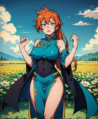 Highly detailed, High Quality, Masterpiece, beautiful (medium long shoot), 1girl, itsuka kendo, My hero academia, long hair, orange hair, cyan dress, green_eyes, beautiful_eyes, big_boobs, blue sky, field, standing, chinese clothing, hands_up,