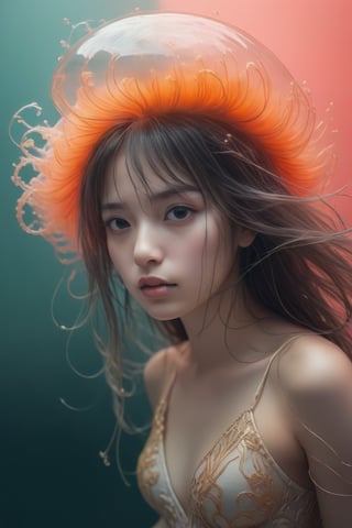 Portrait of a ghostly jellyfish, shiny aura, highly detailed, gold filigree, intricate motifs, organic tracery, by Android jones, Januz Miralles, Hikari Shimoda, glowing stardust by W. Zelmer, perfect composition, smooth, sharp focus, sparkling particles, lively coral reef background Realistic, realism, hd, 35mm photograph, 8k), masterpiece, award winning photography, natural light, perfect composition, high detail, hyper realistic,,,,<lora:659095807385103906:1.0>