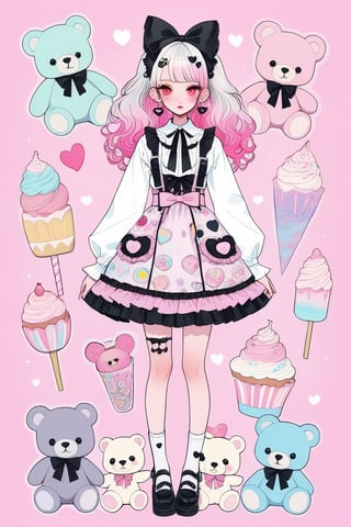 1girl,heavy makeup, earrings,candycore outfits,pastel aesthetic,Maximalism Pink Lolita Fashion,
Clothes with teddy bear prints inspired by Decora, cute pastel colors, Pastel purple,beautiful red eyes , heart,,emo,kawaiitech,dollskill,Full body, Stand straight
