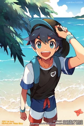 score_9, score_8_up, score_7_up, masterpiece, best quality, lots of details, full shot, ((1boys)), slim 1:1(younge boy:1.1),male focus, Elio (Pokemon),swim trunks, siting on beach,smiling,