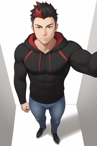 1Guy, muscle, defined eyes, symmetrical eyes, amazing quality, best aesthetic, red highlights, brown dark eyes, solo,hoodie, jeans, full body, black hair, selfie from above, 