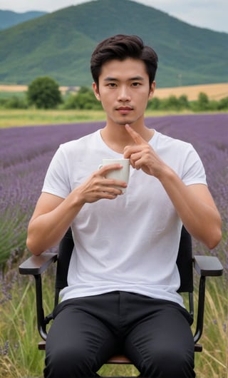 solo, looking at viewer, short hair, black hair, 1boy, white shirt, upper body, sae of flower,short sleeves, male focus, an endless deep horizon background, black eyes, lavender, facial hair, realistic Lavender, lavender,Handsome Taiwanese, 

Sit next coffee cup on camping chair with smart pose against the Lavender field backdrop,black pants,

(((High-impact point: performance detailed of fingers ))),
(((fingers, hand fingers)))
((( Men beautiful fingers)))
((( hold a cup fingers posture)))