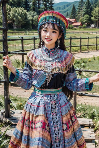 A stunning Hmong Thai girl, no older than 12, poses confidently in her vibrant traditional attire. The intricately embroidered jacket and flowing skirt are a kaleidoscope of colors, with golden threads shining like miniature suns. Her bright smile and piercing eyes sparkle under the warm sunlight, which casts a gentle glow on the lush green surroundings.