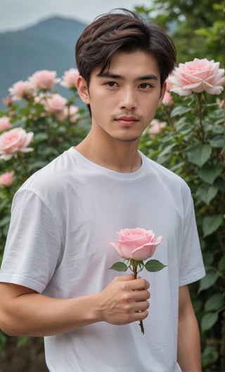 solo, looking at viewer, short hair, black hair, 1boy, white shirt, upper body, sae of flower,short sleeves, male focus, outdoors, an endless  horizon background, blurry, black eyes, blurry background, rose, facial hair, t-shirt, pink flower, bouquet, realistic, pink rose,Handsome  Taiwanese, held roses in him arms, be sure he hand position is had a clear space between hand.