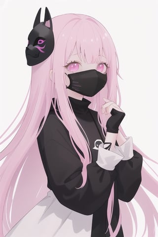 a girl with long hair that is half pink and half black, with dark eyes and wearing a mask