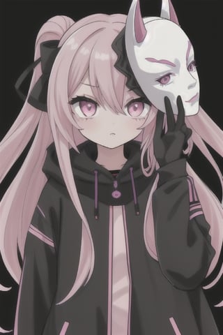 a girl with long hair that is half pink and half black, with dark eyes and wearing a mask