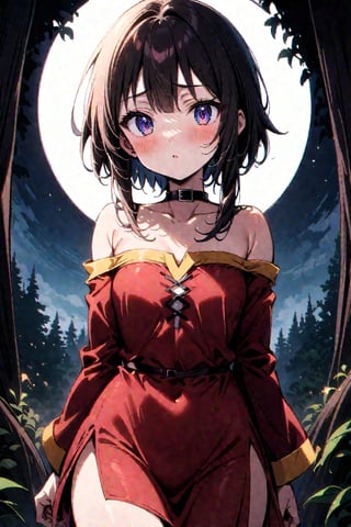 Medium full shot, Highly detailed, high quality, masterpiece, beatiful, intricate details, cinematic lighting , expressive eyes, perfect face, face looking at viewer, ((full shot)), nimugempnxl, megumin, 1girl, solo, short hair with long locks, small breasts, medium blush, bare shoulders, off shoulder, black choker, off-shoulder dress, red dress, , witch hat ((night), ((fullmoon)), ((stars)), vibrant colors, forest), 