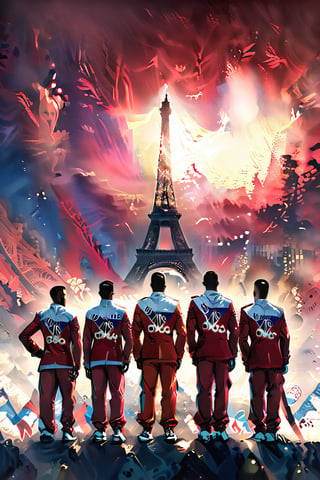 A majestic shot: against the iconic Eiffel Tower's iron lacework, Paris Olympic Games athletes stand in unison, their vibrant uniforms popping against the evening sky. A bold banner unfurls behind them, emblazoned with PARIS 2024 in striking red letters. The athletes' determined faces and strong poses exude unity and strength as they proudly display their country's flag, set amidst the City of Light's most recognizable landmark.