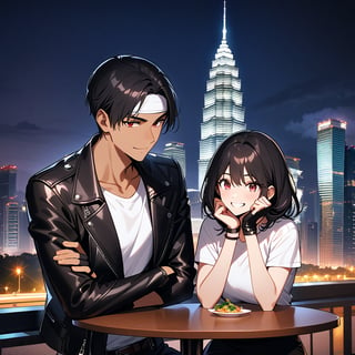 Orochiquillo, dark skin, couple, two people, man and woman, red eyes, ((black leather jacket with rolled up arms)), fingerless gloves, black hair, white T-shirt, ((white headband)), black pants, white shoes, brown belt, handsome, shot, charming, masterpiece, high resolution, detailed face, fine grain, night, cloudy sky, confident smiling, with lover, Petronas Twin Towers, Malaysia, dining on terrace, same clothes and hairstyle for both sexes, hands on head, toothy smile, sitting cross-legged