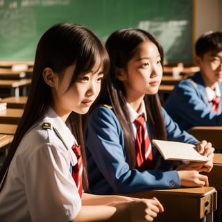 Campus youth love,There was a boy and a girl in uniform,In a classroom illuminated by the setting sun