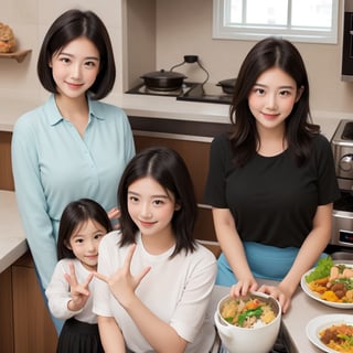 A confident smiling woman with short black hair, brown eyes, and brown skin in a home kitchen with large windows, smiling children and their mother, two students making a peace sign-like gesture while talking (teleporting from a restaurant), wearing a skirt, black hair, indoors, making Japanese food, wearing a shirt, ((((fully realistic fingers))))