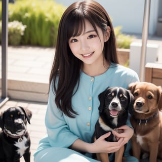 Create an anime-style portrait of a Japanese girl。Her hair is short and dark brown。The girl has a gentle smile。She looks loving、Holding a cute dog、It&#39;s a scene that evokes warmth and camaraderie.。Background、It should be a blend of warm and cool colors that complement the overall composition.。She is wearing a light blue dress with intricate details.、Gives an elegant impression。The overall atmosphere of the piece is bright and attractive.、Capture the girl&#39;s kind and friendly personality。