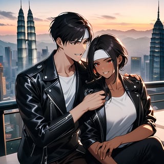 Orochiquillo, dark skin, couple, two people, man and woman, red eyes, ((black leather jacket with rolled up arms)), fingerless gloves, black hair, white t-shirt, ((white headband)), black pants, white shoes, brown belt, handsome, shot, charming, masterpiece, high resolution, detailed face, fine grain, evening, cloudy sky Confident smile, With lover, Petronas Twin Towers, Malaysia, Dining on terrace, Men and women wearing same hair and clothes and hairstyle, Holding hands, Toothy smile, Sitting cross-legged