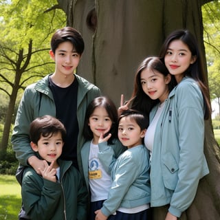 Masterpiece, best quality, ultra-high resolution, perfect anatomy, (realism:1.4), RAW photo, smiling, short-haired boys, a long-haired woman and a short-haired 2-year-old boy, woman and small boy, mom and short-haired son, gorgeous mother and smiley boy, (big trees in a park), (((mother hiding behind a big tree))), (hide and seek), cowboy shot, cinema lighting, fashion model parents, adorable, (browsing caution:1.2), (black-haired baby looking for mother), (long-haired mother and short-haired son), (mother in a green jacket and son in a blue jacket), a confident smile, two students in cute poses demonstrating a gesture commonly associated with a peace sign while speaking on the phone, skirts, black hair, indoors, holding phones, wearing shirts, ((((complete fine fingers))))