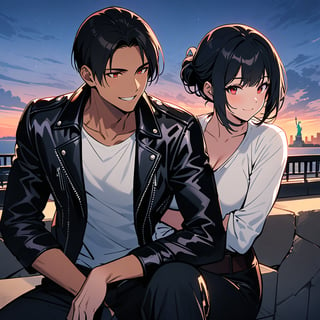 Orochkijo, dark skin, couple, two people, man and woman, red eyes, ((black leather jacket with rolled up arms)), fingerless gloves, black hair, white T-shirt, ((white bowler)), black pants, white shoes, brown belt, handsome, shot, charming, masterpiece, high resolution, fine face, fine grain, night, blue sky, confident Smiling, With lover, Statue of Liberty in background, USA, Sitting on terrace, Both man and woman wearing same clothes and hairstyle, Hand on chin, Toothy smile, Looking at Statue of Liberty