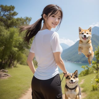 Flowing with crystal clear water,beautiful mountain in background々,(Girl taking a walk with a puppy:1.3),(Shiba dog:1.3),Have a lead,Very Big White T-Shirt,Cargo pants, gently smiling、(beautiful a girl)、(short hair of red-brown color、hair pin、poneyTail、Floating hair、)Colossal tits、A smile that beguiles the viewer、Look into the photographer、skin glistening with sweat、gazing at viewer,pointed red mouth,Perfect round face,,Proper body proportion,Intricate details,Very delicate and beautiful hair,photos realistic,Dreamy,Professional Lighting,realistic shadow,Beautiful hands,Beautiful fingers,Detailed finger features,Detailed arm functions,detailed clothes features,Detailed hair features,detailed facial features,(masutepiece,top-quality,Ultra-high resolution output image,) ,(The 8k quality,),(Image Mode Ultra HD,)