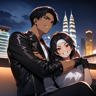 Orochiquillo, dark skin, couple, two people, man and woman, red eyes, ((black leather jacket with rolled up arms)), fingerless gloves, black hair, white T-shirt, ((white headband)), black pants, white shoes, brown belt, handsome, shot, charming, masterpiece, high resolution, detailed face, fine grain, night, cloudy sky, confident smiling, with lover, Petronas Twin Towers, Malaysia, dining on terrace, same clothes and hairstyle for both sexes, hands on head, toothy smile, sitting cross-legged