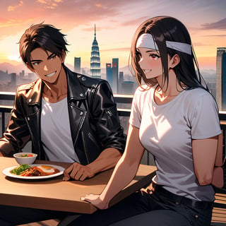 Orochiquillo, dark skin, couple, two people, man and woman, red eyes, ((black leather jacket with rolled up arms)), fingerless gloves, black hair, white t-shirt, ((white headband)), black pants, white shoes, brown belt, handsome, shot, charming, masterpiece, high resolution, detailed face, fine grain, evening, cloudy sky Confident smile, With lover, Petronas Twin Towers, Malaysia, Dining on terrace, Same hair and clothes and hairstyle for both men and women, Smoking, Toothy smile, Sitting cross-legged