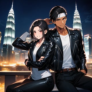 Orochiquillo, dark skin, couple, two people, man and woman, red eyes, ((black leather jacket with rolled up arms)), fingerless gloves, black hair, white T-shirt, ((white headband)), black pants, white shoes, brown belt, handsome, shot, charming, masterpiece, high resolution, detailed face, fine grain, night, cloudy sky, confident smiling, with lover, Petronas Twin Towers, Malaysia, dining on terrace, same clothes and hairstyle for both sexes, hands on head, toothy smile, sitting cross-legged