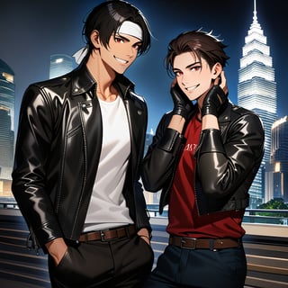 Orochiquillo, dark skin, couple, two people, man and woman, red eyes, ((black leather jacket with rolled up arms)), fingerless gloves, black hair, white T-shirt, ((white headband)), black pants, white shoes, brown belt, handsome, shot, charming, masterpiece, high resolution, detailed face, fine grain, night, cloudy sky, confident smiling, with lover, Petronas Twin Towers, Malaysia, dining on terrace, same clothes and hairstyle for both sexes, hands on head, toothy smile, sitting cross-legged