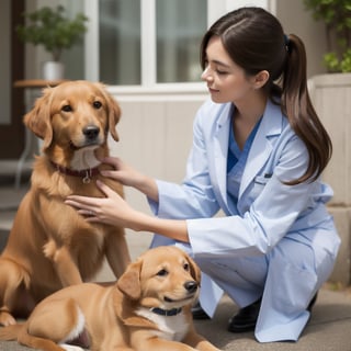 girl veterinarian with long light brown hair, with a dog