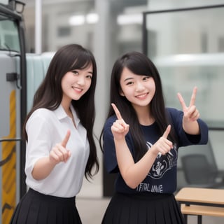 A confident smile, Two students demonstrating a gesture commonly associated with a peace sign while speaking by, slacks, Black Hair, indoor, in, skirt, shirt, ((((complete fiine fingers))))
