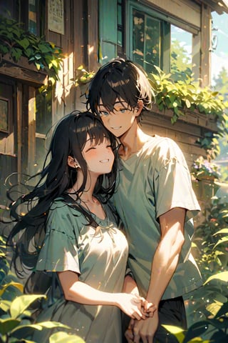 A warm sunny day in a bustling suburban neighborhood. A young man with short black hair and a bright smile stands alongside a girl with long flowing black locks, her face aglow with joy. The atmosphere is lively, with vibrant greens from lush foliage, soothing blues from a cloudless sky, and earthy tones from the homes and streets. The dynamic duo's poses radiate camaraderie as they bask in each other's presence, surrounded by the gentle hum of suburban life.