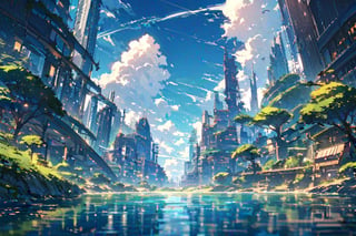 A serene outdoor scene: A vast expanse of blue sky stretches above a cityscape, where towering skyscrapers and sleek buildings stand amidst lush greenery. A tranquil body of water reflects the vibrant hues of the day, with a single tree standing sentinel on its banks. A cloud drifts lazily across the sky, mirroring the gentle ripples on the water's surface. In the distance, an aircraft soars by, leaving a contrail against the brilliant blue backdrop. The city's steel and glass façades glint in the sunlight, while a sturdy bridge spans the waterway, connecting the urban landscape to the natural world.