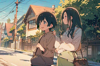 The image depicts a scene from an anime-style illustration. Two characters, likely the main subjects, are in the foreground; one appears to be a male with short black hair and the other a female with long black hair. They are smiling and seem to be enjoying each other's company. The background suggests a suburban setting with houses, power lines, and a clear sky. The color palette is vibrant with a mix of greens from the foliage, blues from the sky, and earth tones from the buildings and street. There's no text present in the image.