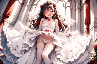 female_solo , slender, full_body, long_hair , wavy_hair, red_eye, bright_pupils, excited, pointy_teeth, gothic_lolita style, black wedding_dress, wedding veil , excited, blushing, cute_fang, pointy_teeth,wedding dress, undergarments, lace trim